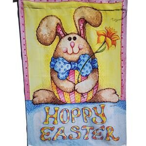 HOPPY HAPPY EASTER Bunny Egg Basket Double Sided Cloth Garden Flag Diane Knott
